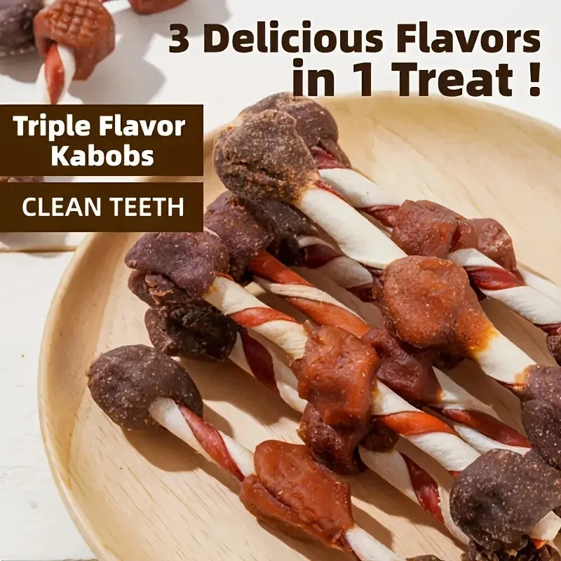 Triple-Flavored Dog Kabobs, Rawhide-Free Chews Made with Real Chicken, Beef & Liver, Delicious Long-Lasting Treats.