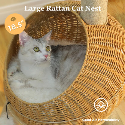 Dinosaur Cat Tree Tower – Large Indoor Cat Condo with Sisal Scratching Posts, Rattan Wicker Bed, Removable Mat & Interactive Cat Toys.