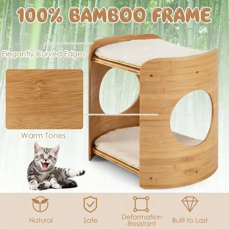2-Tier Cute Cat Furniture for Indoor Cats – Small Beige Cat Tower with Natural Bamboo Frame & Cozy Perches.