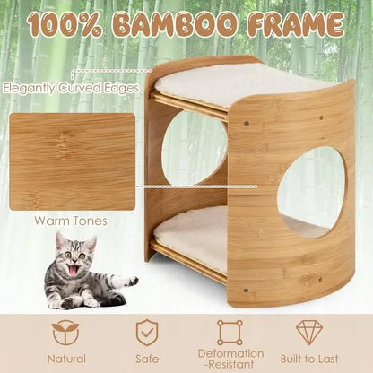 2-Tier Cute Cat Furniture for Indoor Cats – Small Beige Cat Tower with Natural Bamboo Frame & Cozy Perches.