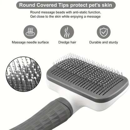 Pet Grooming Brush with One-Click Hair Removal – Bent Needle Massage Comb for Dogs & Cats
