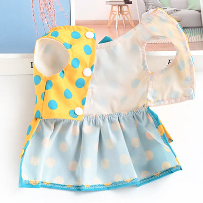 Small Dog Harness Dress & Leash Set – Luxury Polka Dot Puppy Dress with Bowknot for Chihuahuas, Blue & Yellow Summer Pet Outfit.