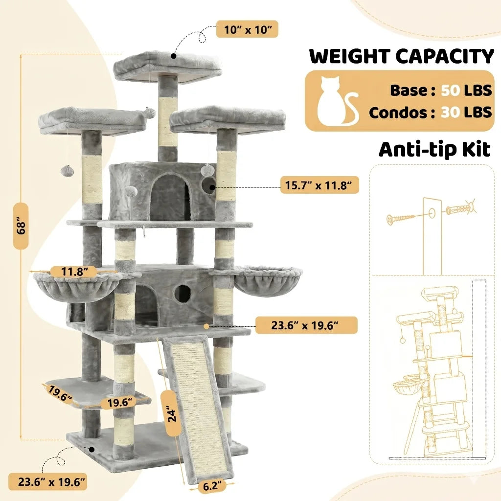 FOOWIN 173cm Multi-Level Cat Tree Tower – Indoor Activity Center with 2 Condos, 3 Plush Perches & Scratching Posts for Kittens & Cats.