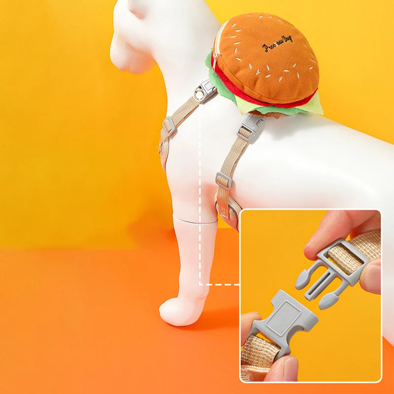 Hamburger Dog Harness & Leash Set – Durable Polyester Walking Harness for Small & Medium Dogs and Cats, Cute Anti-Lost Outdoor Pet Accessory.