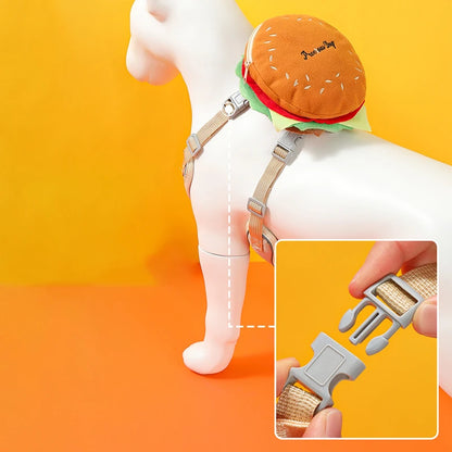 Hamburger Dog Harness & Leash Set – Durable Polyester Walking Harness for Small & Medium Dogs and Cats, Cute Anti-Lost Outdoor Pet Accessory.