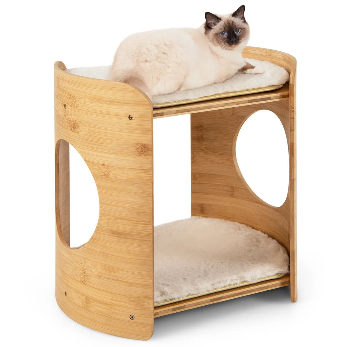 2-Tier Cute Cat Furniture for Indoor Cats – Small Beige Cat Tower with Natural Bamboo Frame & Cozy Perches.