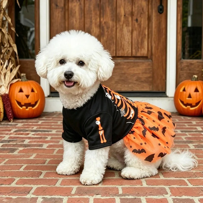 Halloween Dog Tutu Dress – Orange Skeleton, Ghost, Bat & Star Print Mesh Tulle Costume for Small & Medium Girl Dogs.