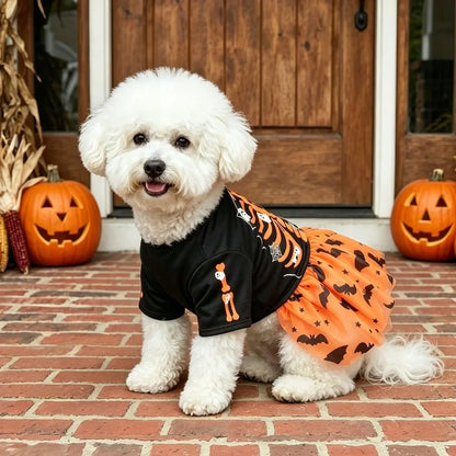 Halloween Dog Tutu Dress – Orange Skeleton, Ghost, Bat & Star Print Mesh Tulle Costume for Small & Medium Girl Dogs.
