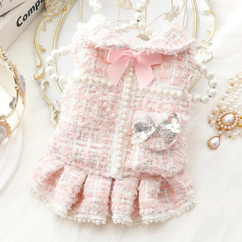 Luxury Winter Pet Princess Dress – Thickened Pink Fashion Outfit with Backpack for Dogs & Cats, Warm Christmas Clothing for Small Pets.