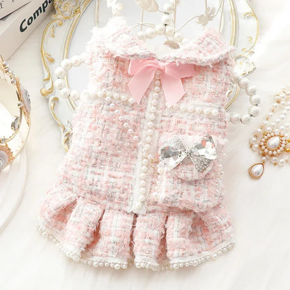 Luxury Winter Pet Princess Dress – Thickened Pink Fashion Outfit with Backpack for Dogs & Cats, Warm Christmas Clothing for Small Pets.