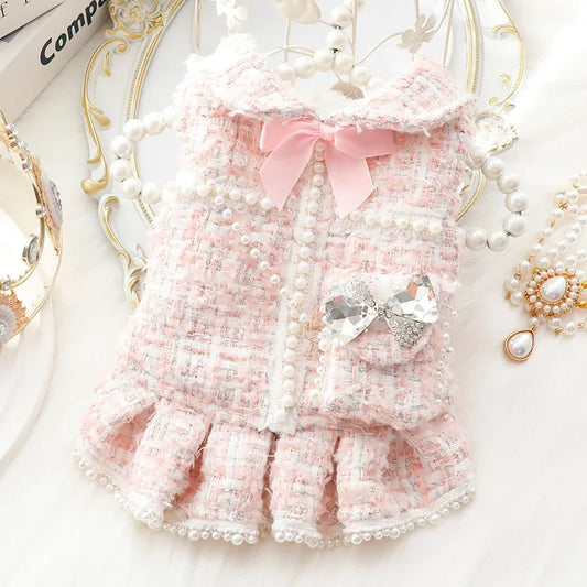 Luxury Winter Pet Princess Dress – Thickened Pink Fashion Outfit with Backpack for Dogs & Cats, Warm Christmas Clothing for Small Pets.