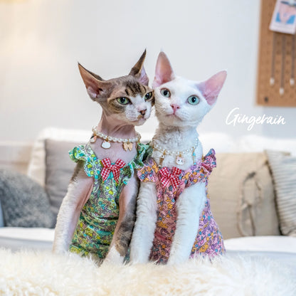 Luxury Sphynx Cat Dress – Sleeveless Cotton Princess Skirt for Devon Rex & Sphynx Cats, Sweet Spring & Summer Pet Outfit.