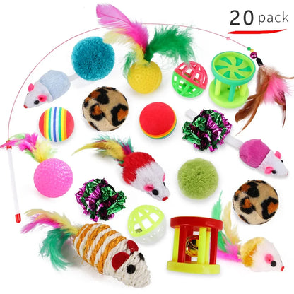 12PCS/20PCS Cat Toy Set – Interactive Kitten Toy Variety Pack with Teaser Wand, Sisal Mice, Bell Balls & Fun Cat Accessories.