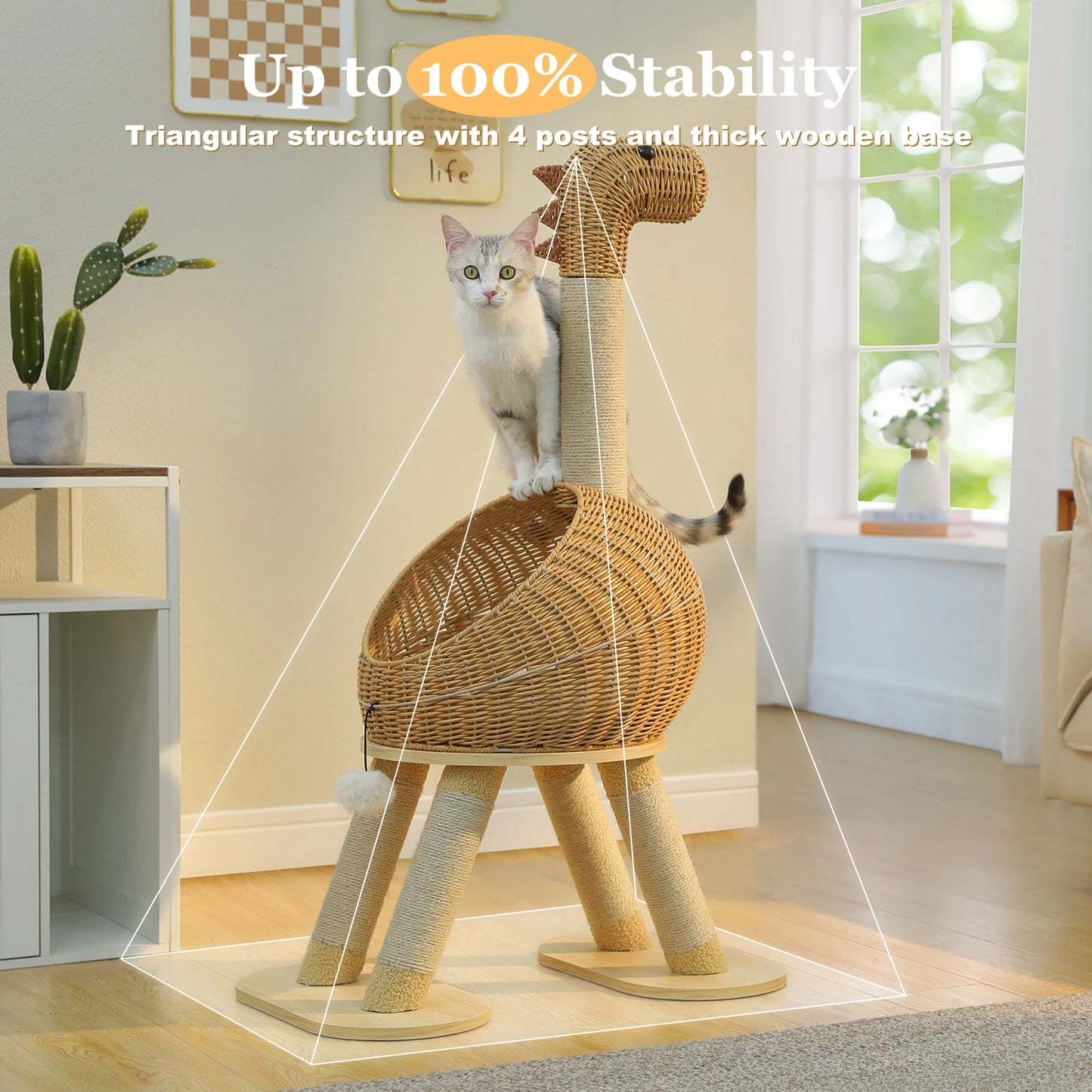 Dinosaur Cat Tree Tower – Large Indoor Cat Condo with Sisal Scratching Posts, Rattan Wicker Bed, Removable Mat & Interactive Cat Toys.