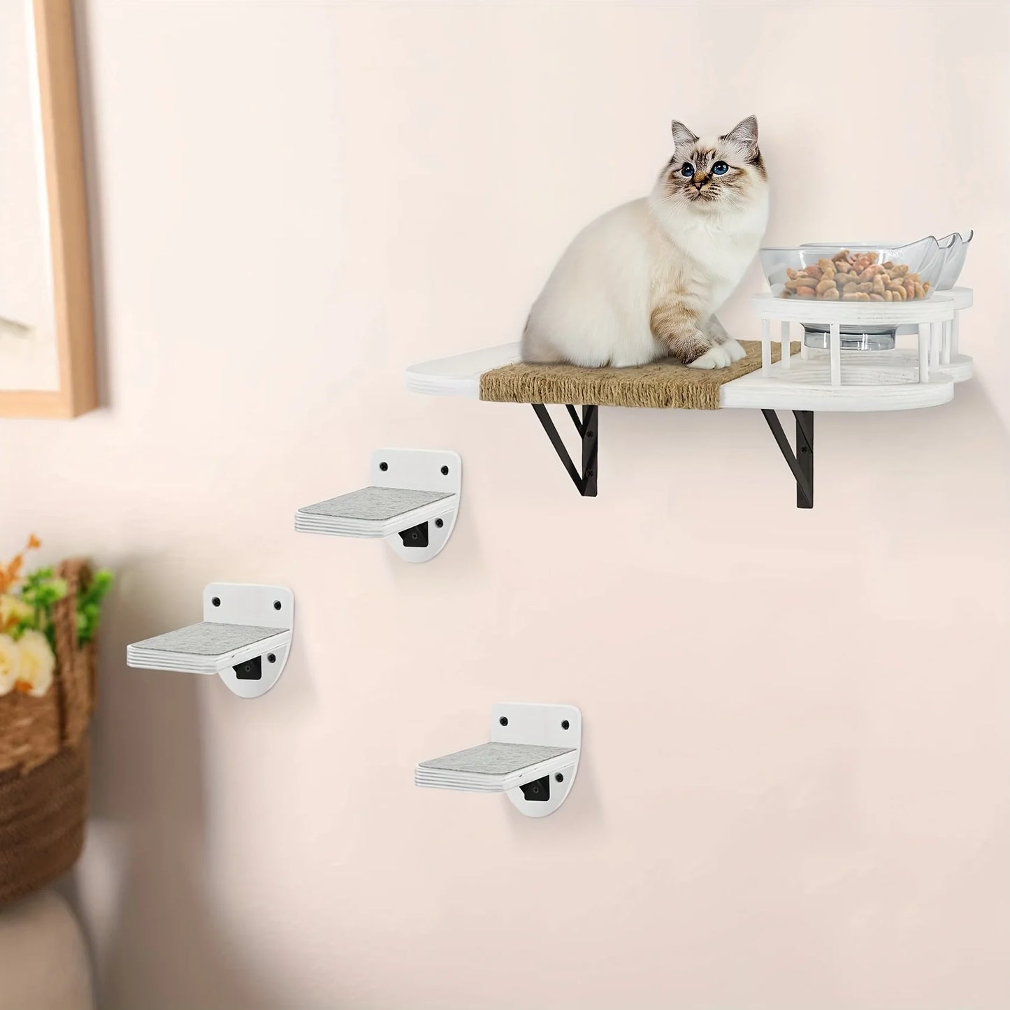 Cat Wall Shelves Set – 3-Step Climbing Shelves with Cat Hammock, Perches, Plush Cove & Dual Food Shelves for Indoor Cats.