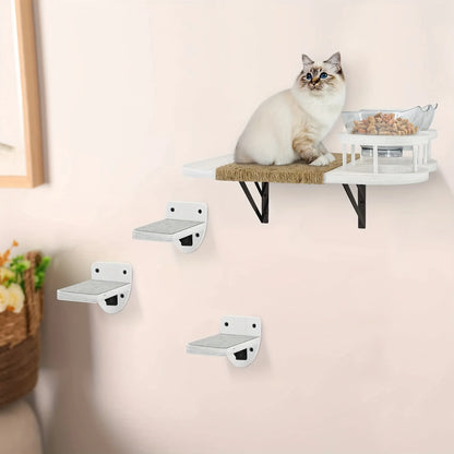 Cat Wall Shelves Set – 3-Step Climbing Shelves with Cat Hammock, Perches, Plush Cove & Dual Food Shelves for Indoor Cats.