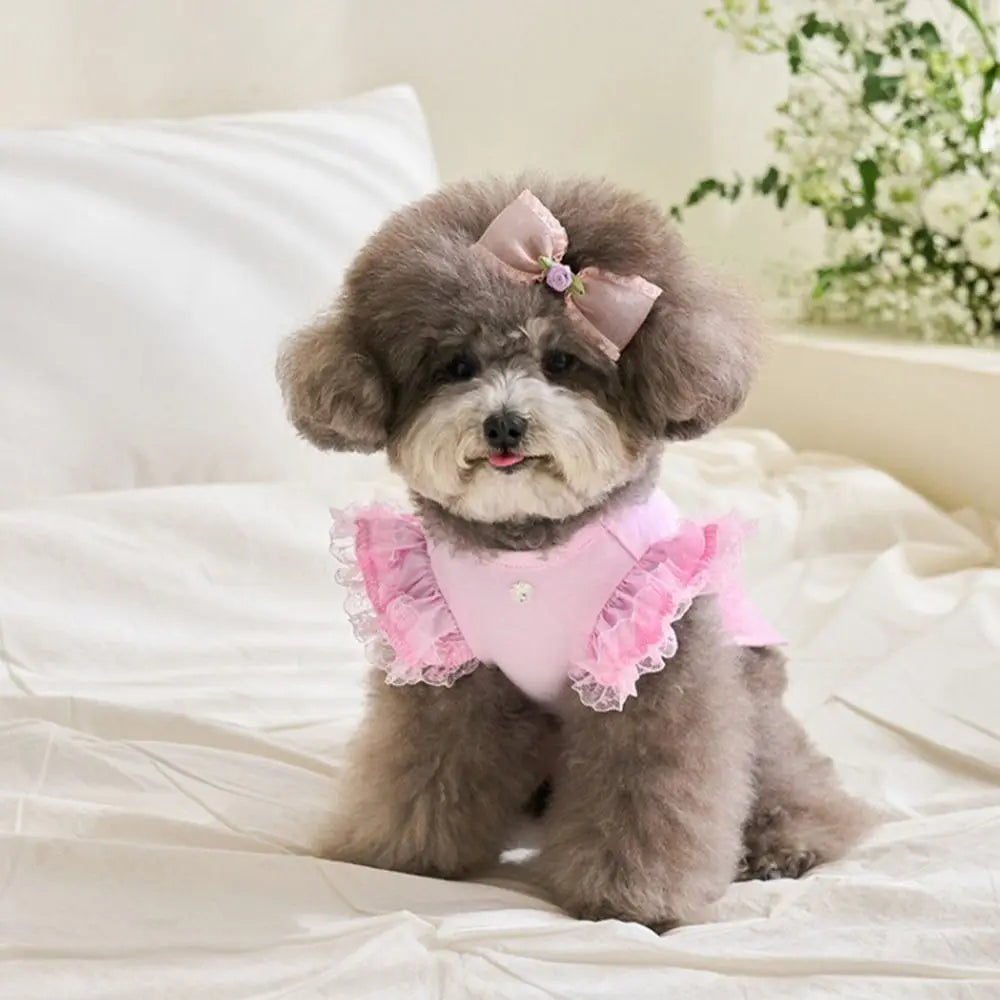 Lace Pet Summer Vest Dress – Soft Breathable Flying Sleeve Outfit for Cats & Dogs, Cute Puppy Base Skirt Clothing.