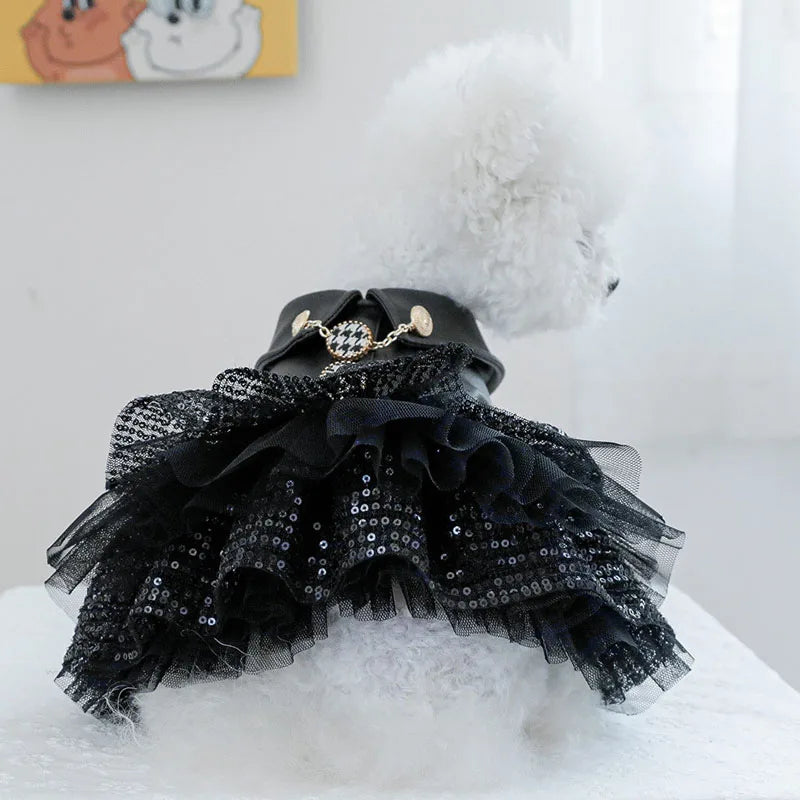 Luxury Black PU Dog Coat Dress – Warm Winter Leather Outfit with Sequins & Tulle Skirt for Small Dogs.