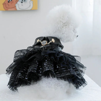 Luxury Black PU Dog Coat Dress – Warm Winter Leather Outfit with Sequins & Tulle Skirt for Small Dogs.