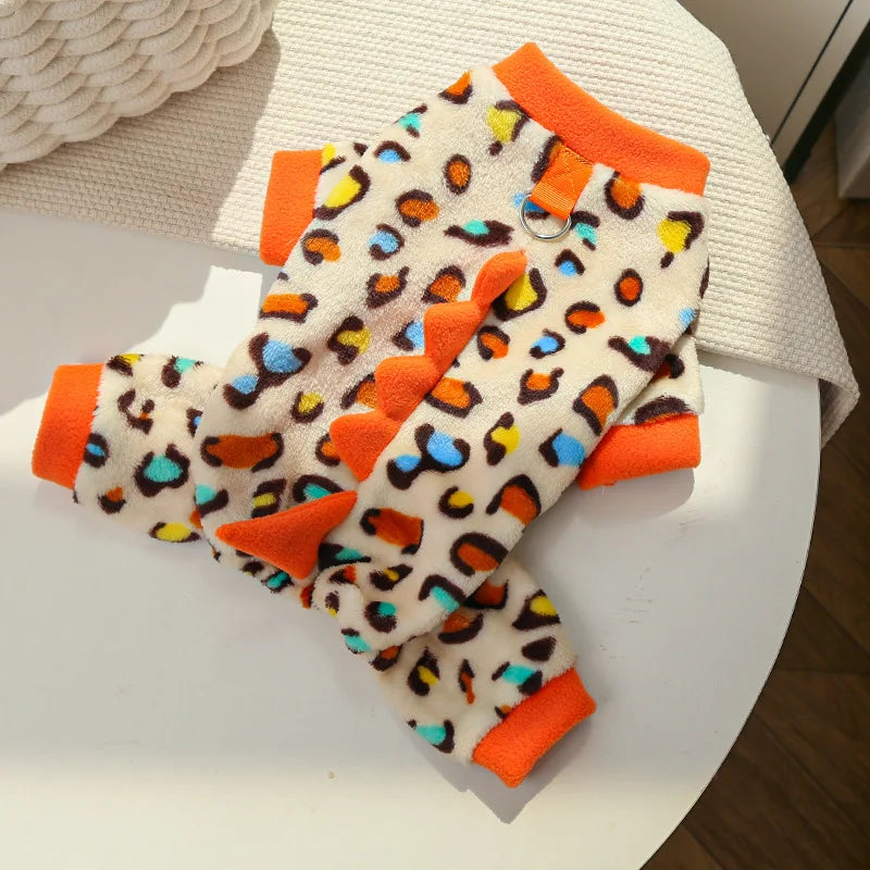 Dinosaur Pet Jumpsuit – Warm Flannel Autumn & Winter Outfit for Dogs & Cats, Cute Teddy Pet Romper Clothing.