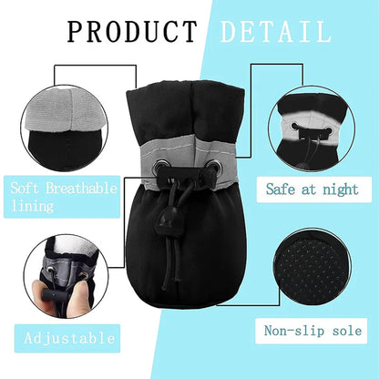 4PCS Waterproof Dog Boots – Non-Slip Sole with Reflective Strips, Adjustable Drawstring & Soft Breathable Lining for Small Dogs.