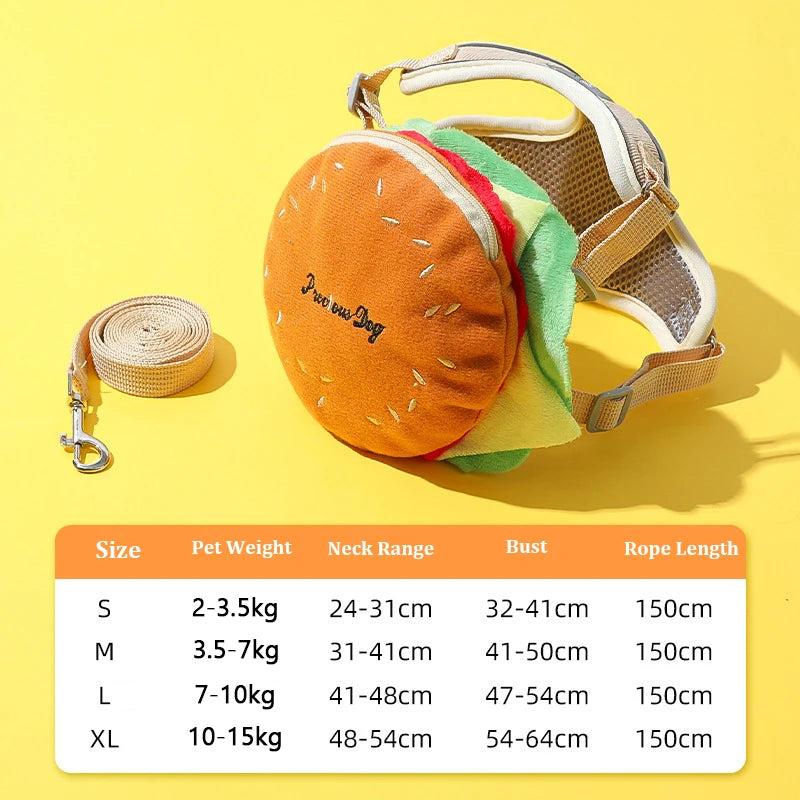 Hamburger Dog Harness & Leash Set – Durable Polyester Walking Harness for Small & Medium Dogs and Cats, Cute Anti-Lost Outdoor Pet Accessory.