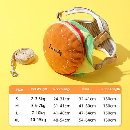Hamburger Dog Harness & Leash Set – Durable Polyester Walking Harness for Small & Medium Dogs and Cats, Cute Anti-Lost Outdoor Pet Accessory.