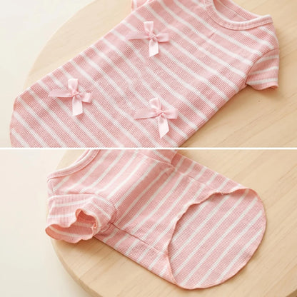 Striped Bow Tie Pet T-Shirt – Soft Ice Silk Breathable Spring & Summer Shirt for Small Dogs & Cats.