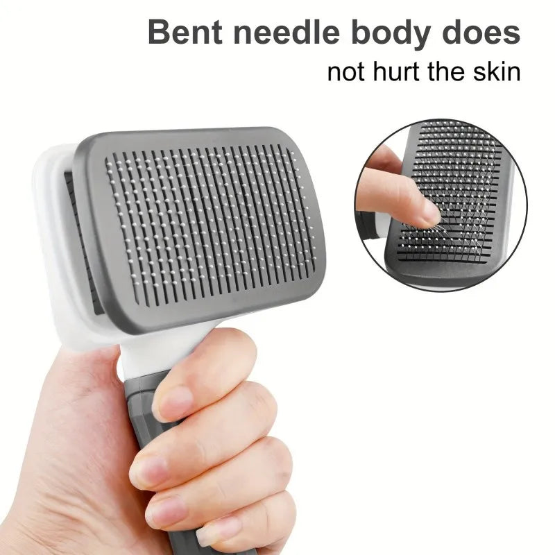 Pet Grooming Brush with One-Click Hair Removal – Bent Needle Massage Comb for Dogs & Cats