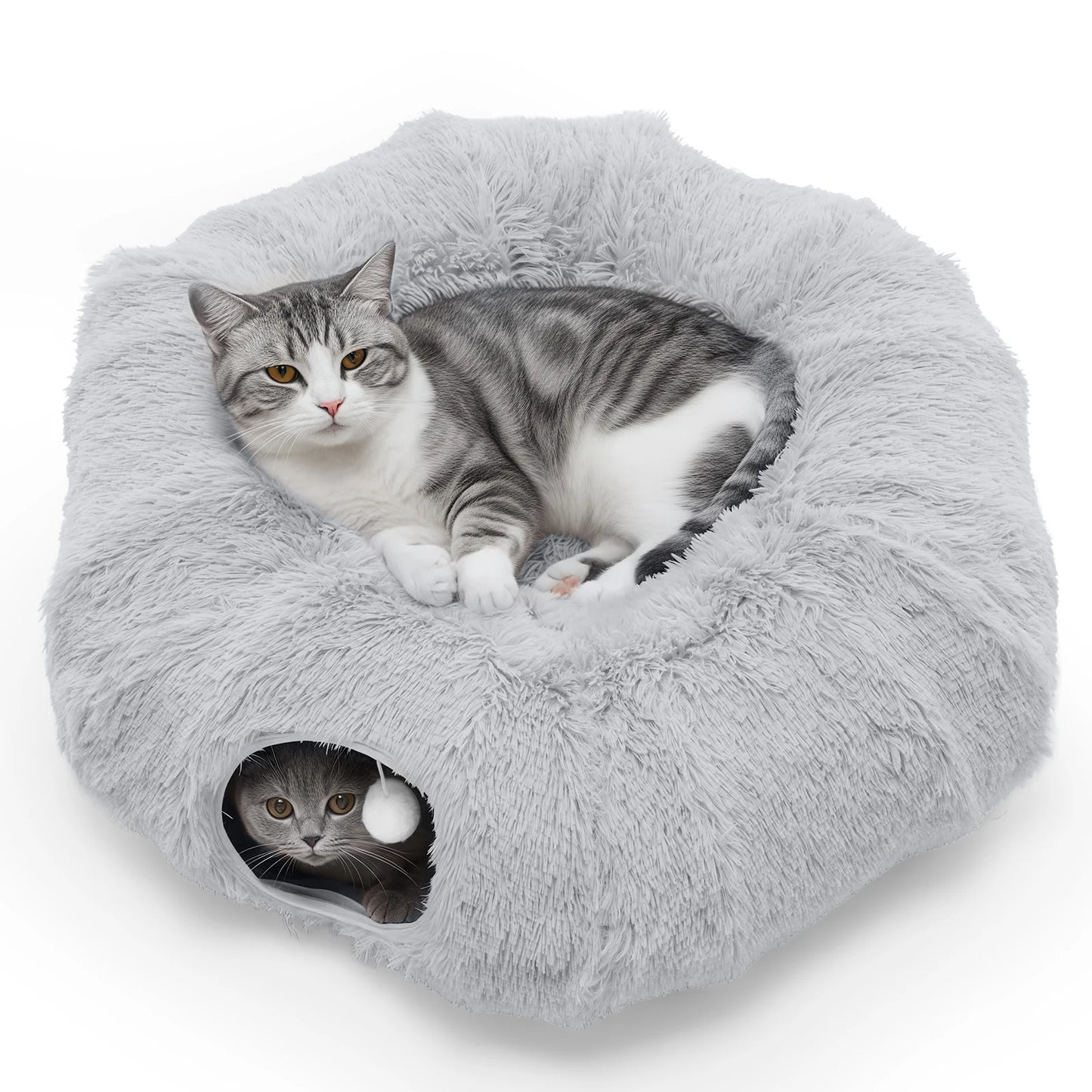 JHK Cat Tunnel Bed – Soft Plush Washable Indoor Playground & Tunnel Bed for Cats with Interactive Toy Design.