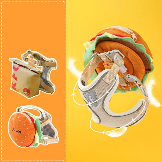Hamburger Dog Harness & Leash Set – Durable Polyester Walking Harness for Small & Medium Dogs and Cats, Cute Anti-Lost Outdoor Pet Accessory.