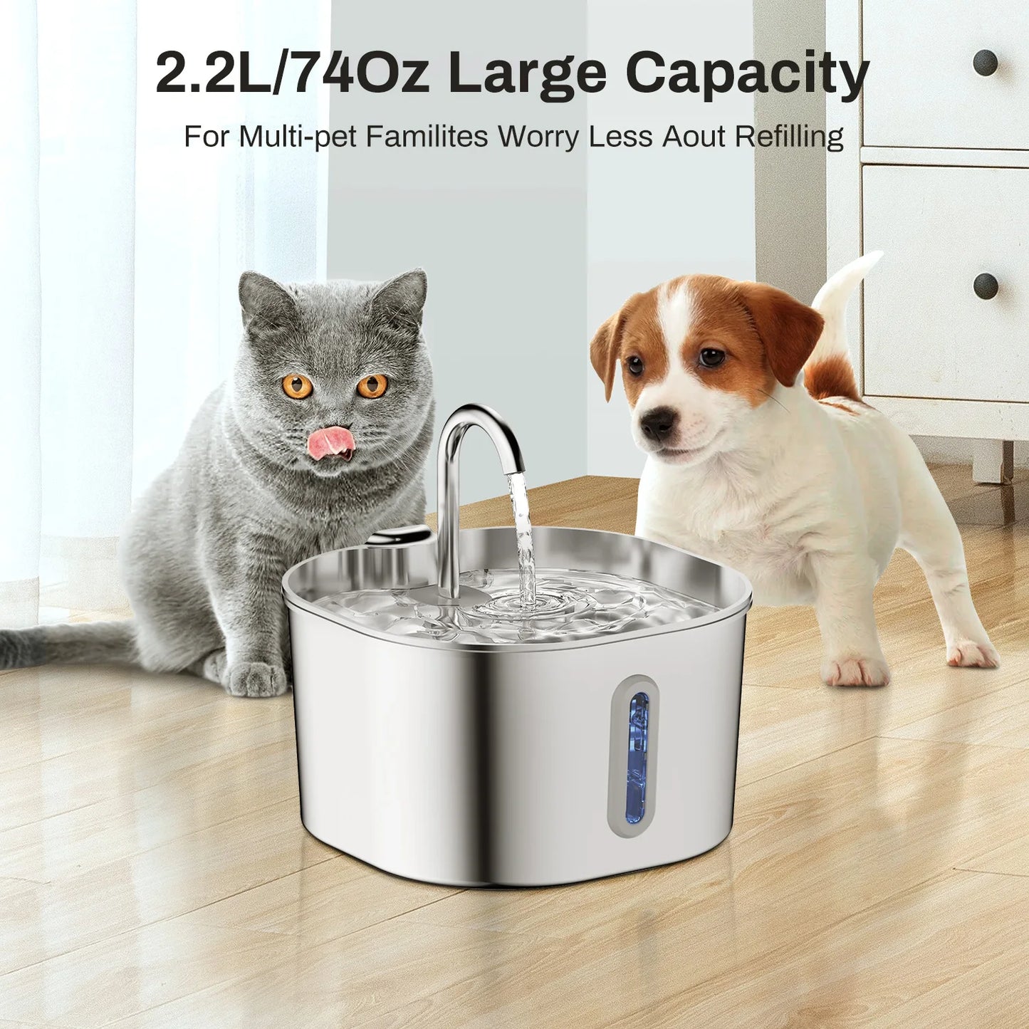 ZYFeeder 2.2L Automatic Cat Water Fountain – Stainless Steel Pet Water Dispenser for Cats & Dogs with Water Level Window (Adapter Not Included).