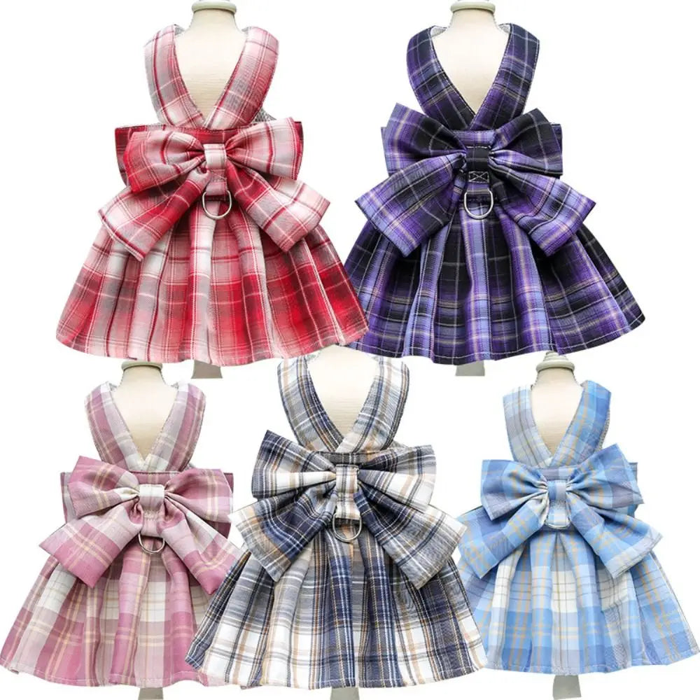 Reusable Plaid Pet Harness Dress – Adjustable Washable Dog Skirt with Leash Attachment, Lightweight Bowknot Design.