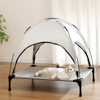 Summer Elevated Pet Tent Bed with Sunshade, Foldable Outdoor Camping Shelter for Dogs and Cats.