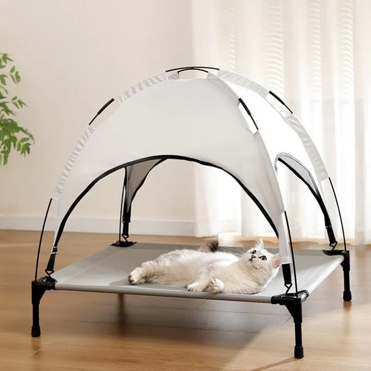 Summer Elevated Pet Tent Bed with Sunshade, Foldable Outdoor Camping Shelter for Dogs and Cats.