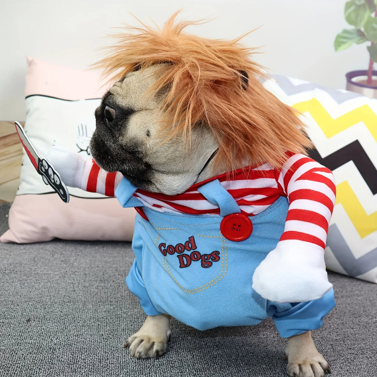 Halloween Bloody Doll Dog Costume with Wig & Knife – Funny Pet Outfit for Holiday Parties.