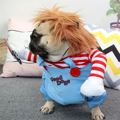 Halloween Bloody Doll Dog Costume with Wig & Knife – Funny Pet Outfit for Holiday Parties.