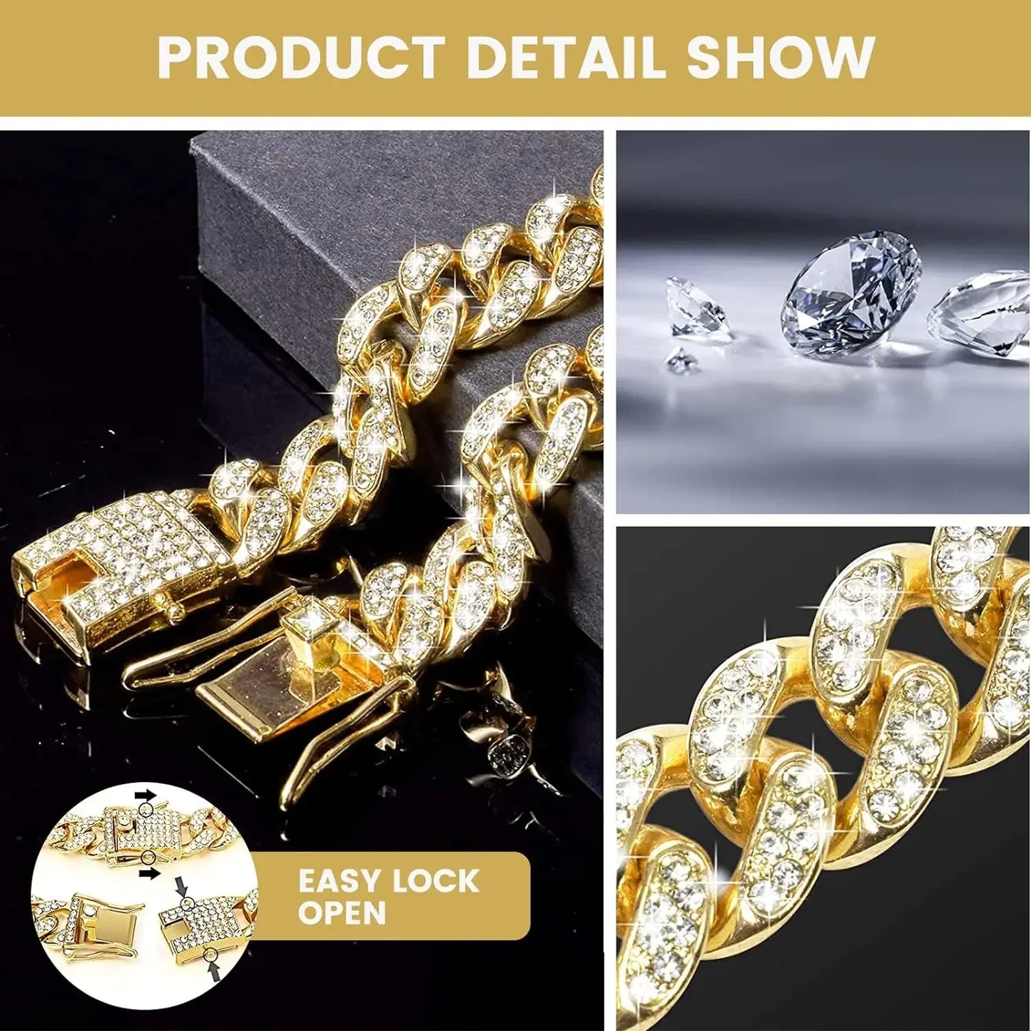 Diamond Cuban Link Pet Collar – Stylish Metal Chain Walking Collar with Secure Buckle for Dogs & Cats, Luxury Jewelry Accessory.