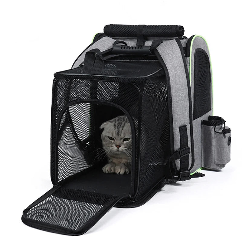 Expandable Cat Carrier Backpack – Breathable Mesh Pet Travel Bag with Shade Cover for Hiking, Camping & Outdoor Adventures.