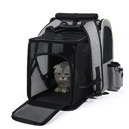 Expandable Cat Carrier Backpack – Breathable Mesh Pet Travel Bag with Shade Cover for Hiking, Camping & Outdoor Adventures.