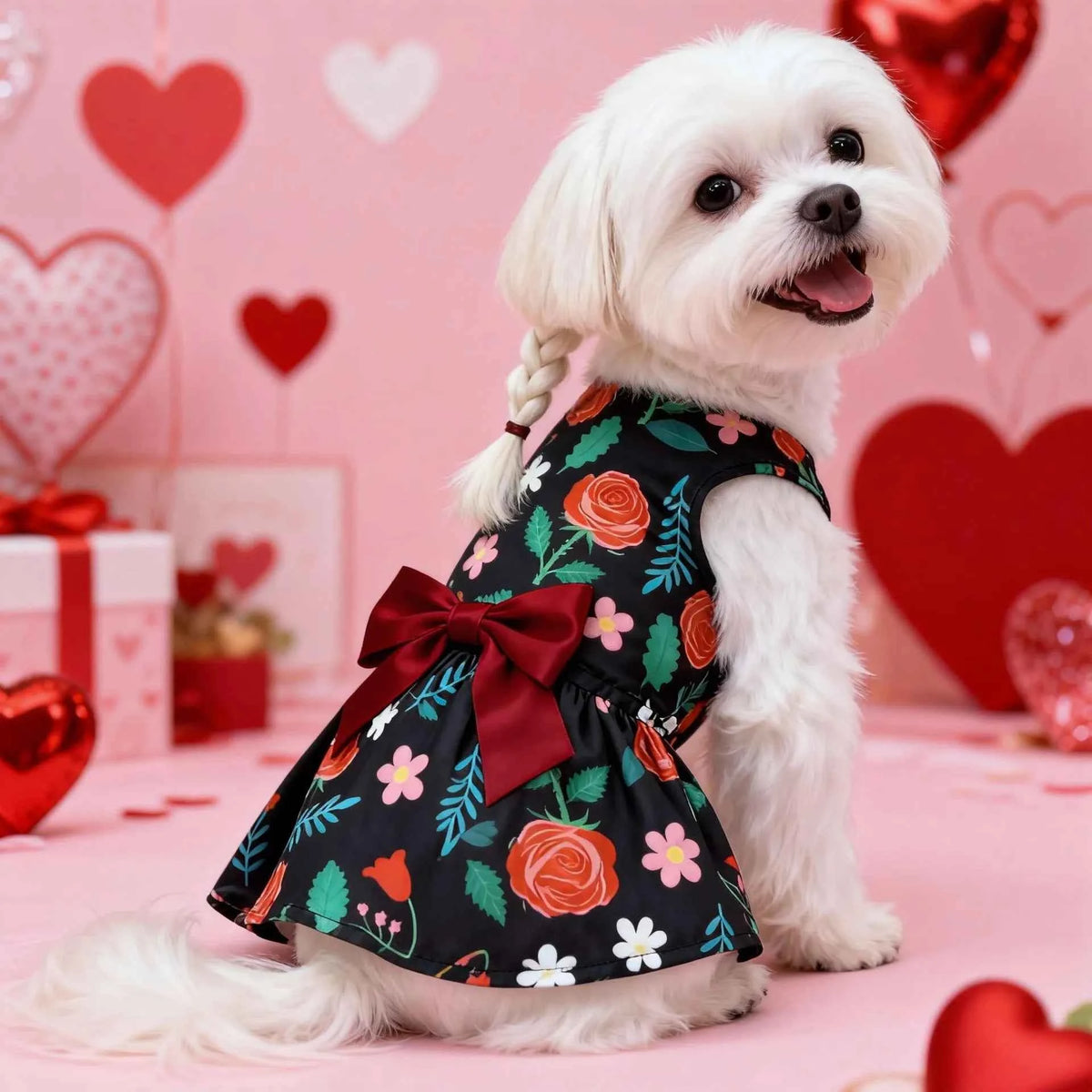 Rose Bow Pet Dress – Cute Love Balloon Print Holiday Outfit for Dogs & Cats, Lightweight Valentine’s Day Party Dress Clothing.