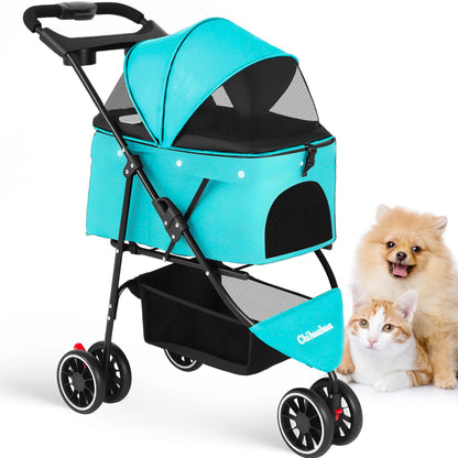 3-Wheel Pet Stroller – Foldable Travel Carrier with Breathable Mesh Canopy for Small & Medium Dogs & Cats, Ideal for Outdoor Travel.