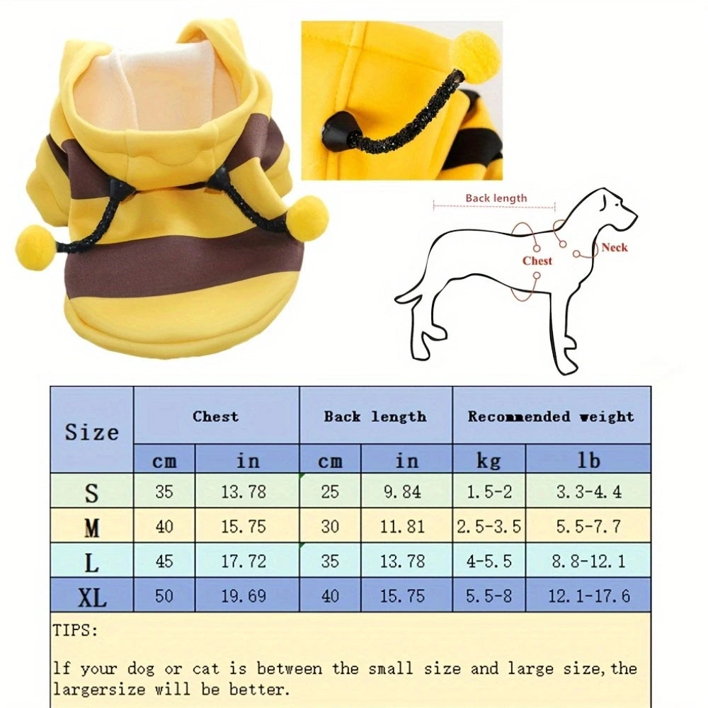 Bee Pet Costume Hoodie – Cute Halloween Cosplay Outfit for Dogs & Cats, Warm Winter Jacket for Small & Medium Pets.