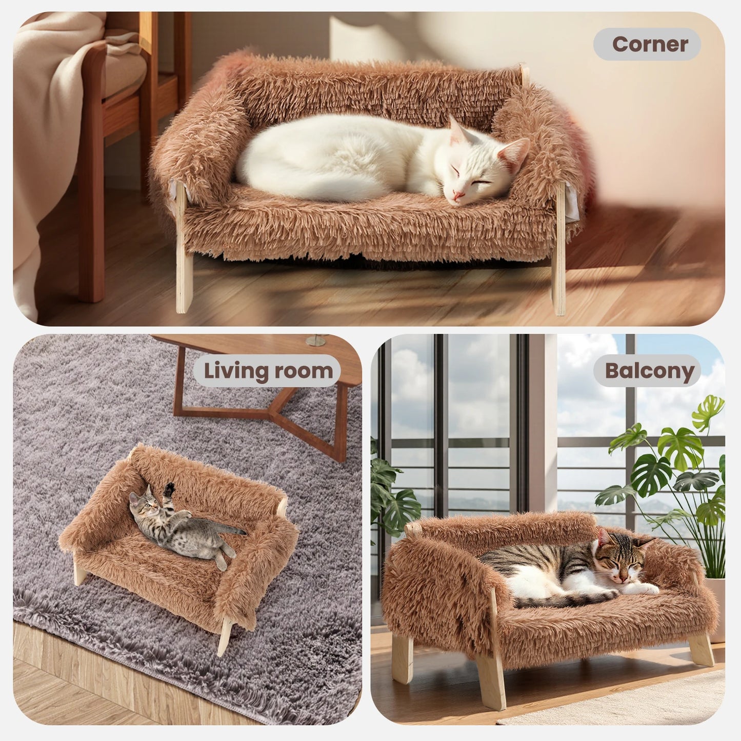 Large Plush Cat Sofa Bed – Soft Raised Cat Couch with Sturdy Wooden Legs for Indoor Cats & Kittens.