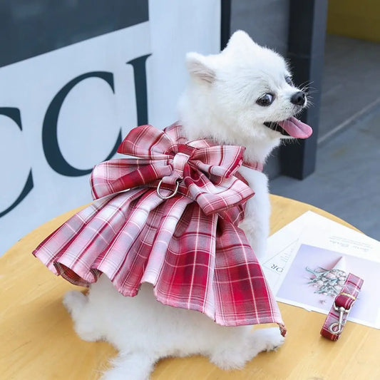 Reusable Plaid Pet Harness Dress – Adjustable Washable Dog Skirt with Leash Attachment, Lightweight Bowknot Design.