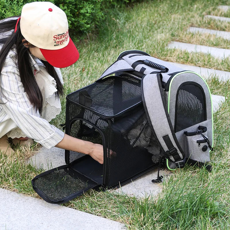 Expandable Cat Carrier Backpack – Breathable Mesh Pet Travel Bag with Shade Cover for Hiking, Camping & Outdoor Adventures.