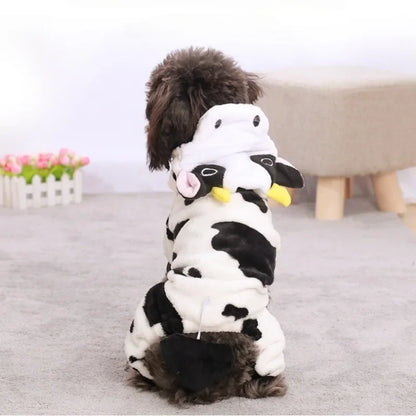 Autumn & Winter Coral Velvet Dog Outfit – Thick Warm Dinosaur or Cow Costume for Small Dogs & Puppies