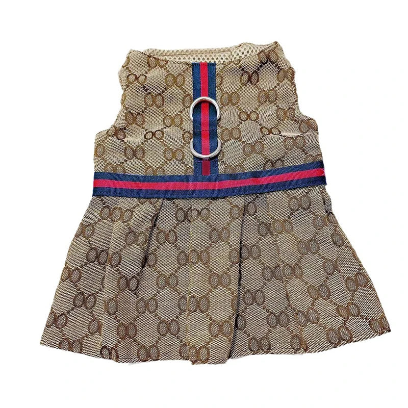 Pet Couple Outfit Set – Luxury Designer Dog Dress for Women & Chest/Back Vest for Men, Includes Puppy Skirt and Matching Traction Leash.