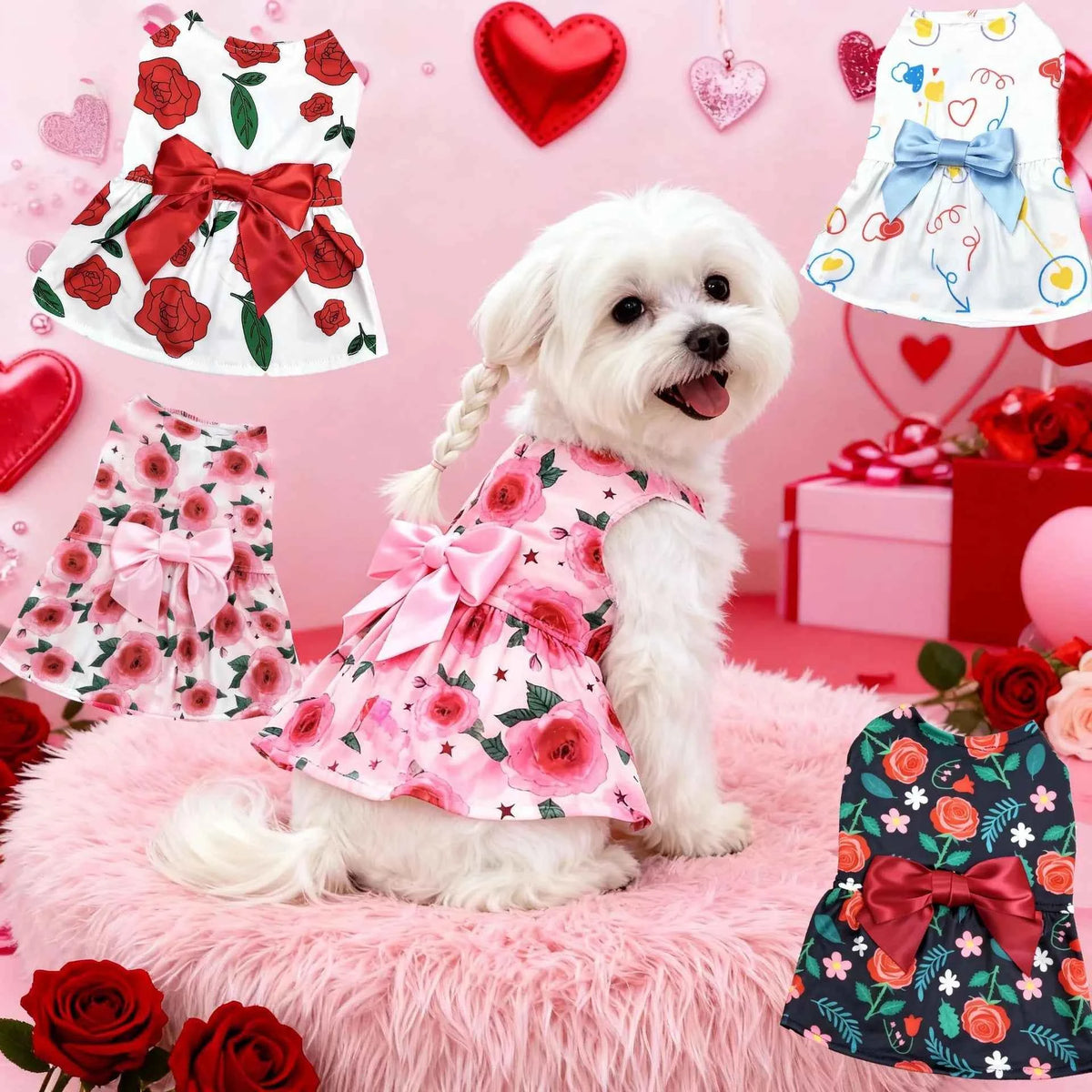 Rose Bow Pet Dress – Cute Love Balloon Print Holiday Outfit for Dogs & Cats, Lightweight Valentine’s Day Party Dress Clothing.