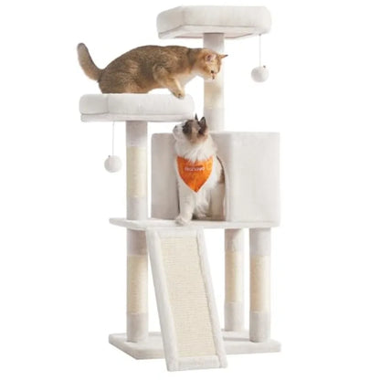45.3-Inch Cat Tree Tower – Plush Cat Condo with Scratching Posts, Ramp, Perch & Spacious Cave for Indoor Cats, Cream White.